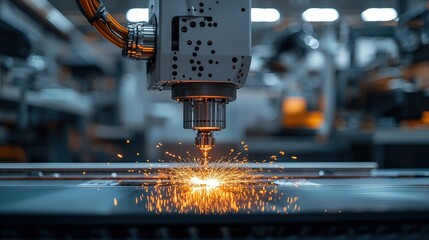 Industrial 3D printer manufacturing precision metal parts in a high-tech factory setting, robotic arms operating in the background, sparks flying from laser sintering process