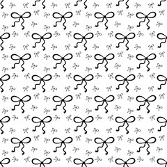 Seamless vector pattern of isolated flat bow silhouettes on white background. Simple hand drawn black ribbon bow.
