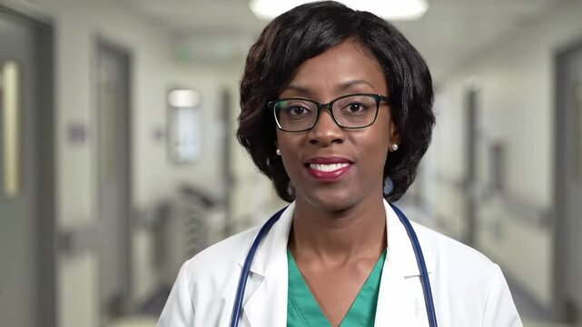 Confident African American Female Doctor in Scrubs with Stethoscope: A Professional Portrait within a Hospital Setting, Emphasizing Healthcare Expertise and Compassion