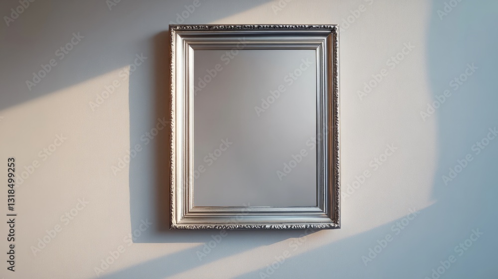 Poster an empty picture frame hanging on a white wall, simple and clean with a gentle shadow cast beneath i