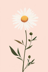 Naklejka premium cute daisy flower white petals and warm yellow center on a long greenstem with small rounded leaves on a light pink background. Soft and minimalistic style,