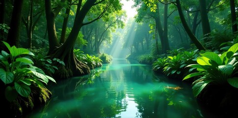 Jungle waterways meandering through dense foliage, mangrove, flora
