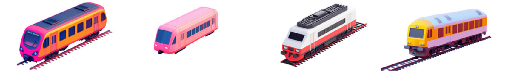 Naklejka premium Colorful Modern High Speed Passenger Trains on Railway Tracks Various types of electric and diesel locomotives transporting commuters and freight through the urban landscape