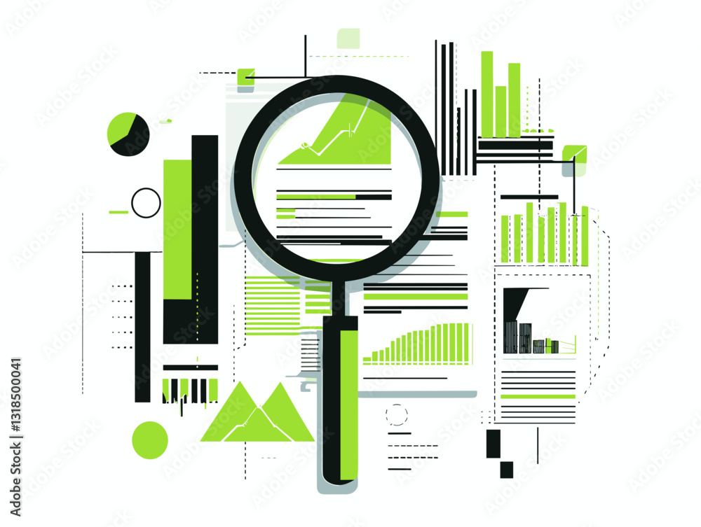 Poster magnifying glass over graphs and charts representing data analysis in a modern design with copy spac