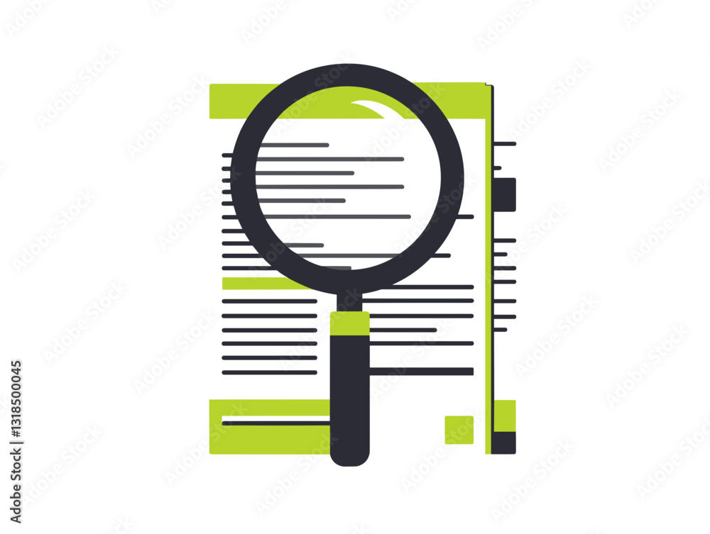 Poster magnifying glass examining text on a document in a modern style with copy space