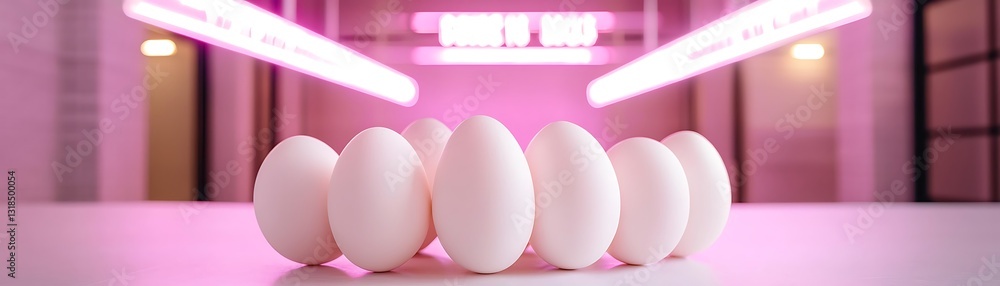 Poster white eggs arranged neatly on table with vibrant neon light background in soft focus