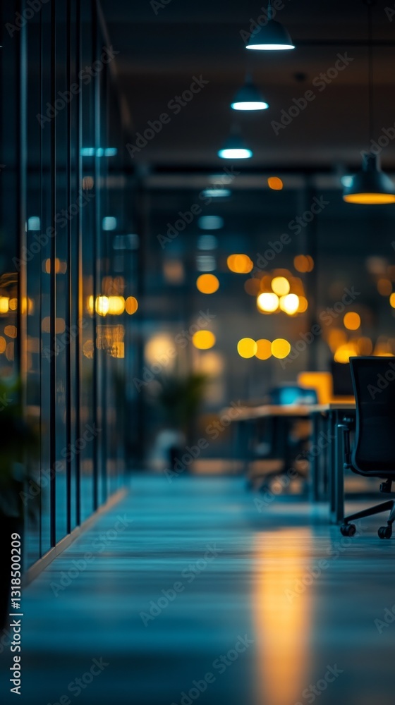 Poster rows of glass-walled offices reflect warm lighting as evening falls, creating a tranquil atmosphere 