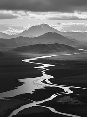 Black and white winding rivers and mountains in landscape photos