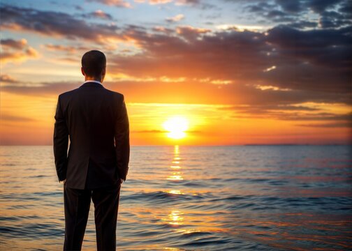 Businessman Contemplating Sunset Over the Ocean
