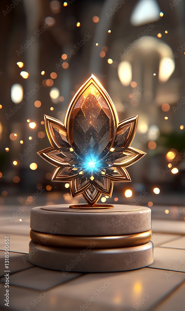 Poster shiny gemstone trophy with intricate design and glowing center on a pedestal in an elegant setting