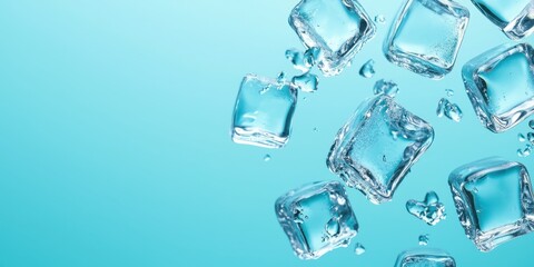 Fresh ice cubes appearing to float on a pastel faded blue background