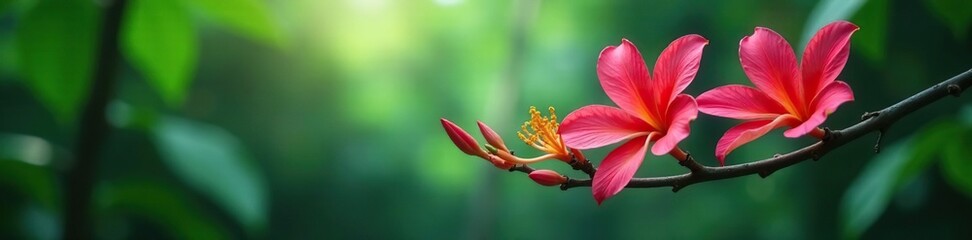 Fototapeta premium Exotic flowers bloom on a tree branch in the jungle, exotic blooms, flowers