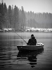 A person sitting alone in a small boat fishing in the snow.