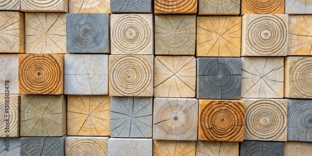 Poster a geometric wall of wooden cubes, each with a unique grain pattern, creates an intricate and texture