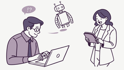 AI technology set. Characters using artificial intelligence generative tools for business tasks, content creation, marketing, automation. Vector illustration