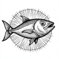 Obraz premium Detailed Line Art Illustration of Tuna Fish with Sunburst Background