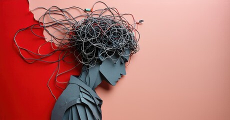 Paper cutout of person with tangled mess of wires around their head deep red and gray contrasts symbolizing stress and overthinking