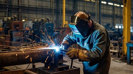 A skilled welder working in a large factory, surrounded by heavy machinery and glowing molten metal.
