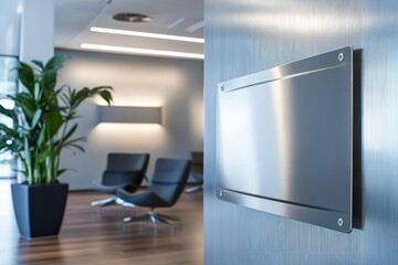 Stainless steel wall plaque in modern office, softly rounded corners for branding.