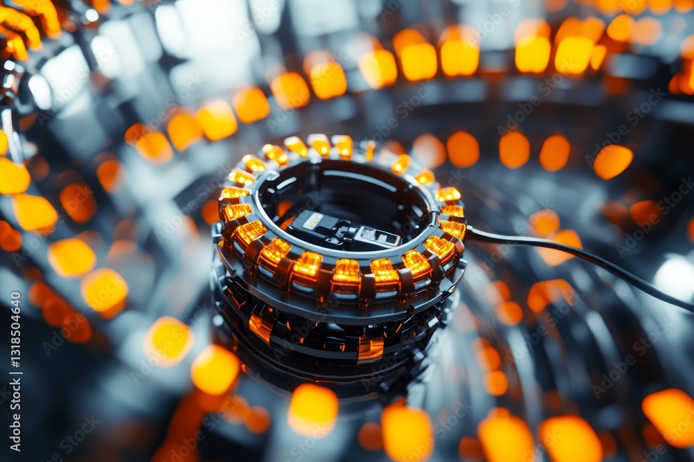Poster futuristic abstract design with glowing orange lights and patterns