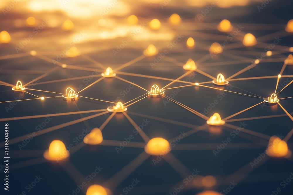 Poster futuristic network connection with glowing nodes on dark surface