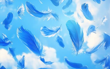 Floating blue jay feathers swirling on a bright sky background