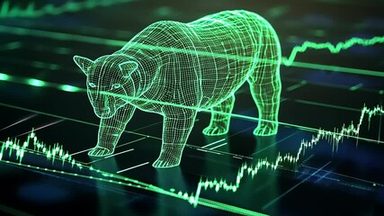 A digital representation of a bear overlaid on fluctuating market graphs, symbolizing bearish trends. - Powered by Adobe