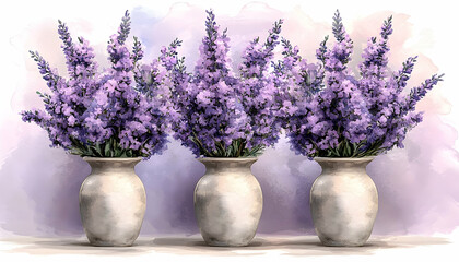 Three vases of lavender, painted in watercolor style, arranged on a soft background