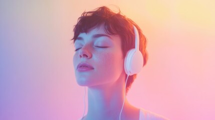 Fototapeta premium Beautiful woman wearing white headphone.