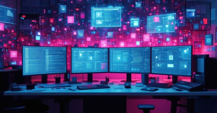 Cluttered workspace with multiple screens and notifications popping up deep artificial lighting symbolizing information overload and digital burnout