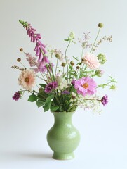 Minimalist Composition of Fresh Flowers in a Green Vase on a White Background