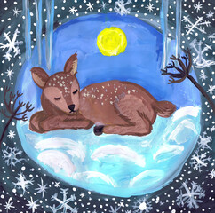 A fawn lies in the snow. Children's drawing in decorative design