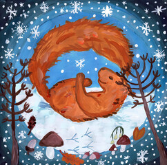 A squirrel lies on its back in the snow. Children's drawing in decorative design