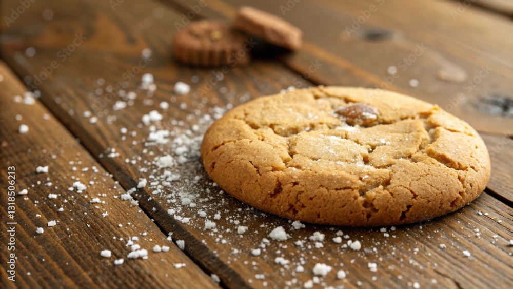 Poster a close-up of a single, golden-brown cookie dusted with powdered sugar, resting on a rustic wooden s