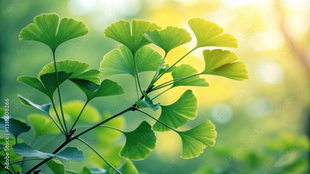Poster a close-up of a ginkgo biloba branch with delicate green leaves, bathed in the warm glow of a settin