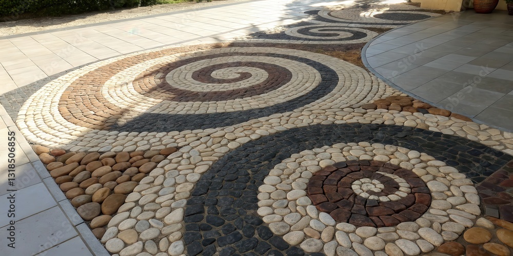 Aufkleber A stone path decorated with unique and intricate patterns featuring swirls and circular arrangements, adding a touch of elegance to the outdoor space.