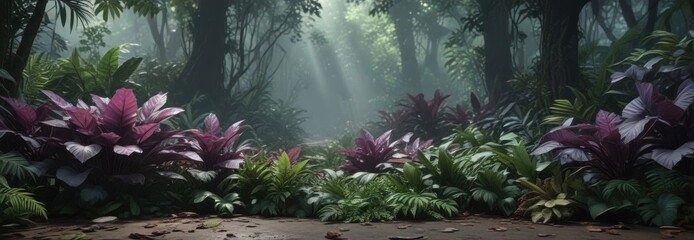 Jungle floor with dense undergrowth of dark green and purple exotic leaves, nature, foliage, colors
