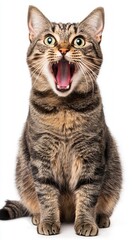 Fototapeta premium Excited Tabby Cat with Open Mouth on White Background