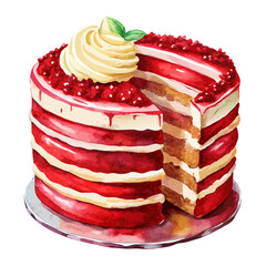 Watercolor Red Velvet Cake with Rich Cream Cheese Frosting. Perfect for: Valentine’s Day promotions, luxury dessert branding, celebratory cakes