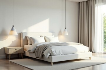Large white king-sized bed with minimalist Scandinavian decor and neutral-colored furniture, king size bed, clean lines