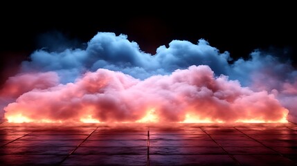 A futuristic glowing blue and cyan grid fading into a misty neon-lit background.