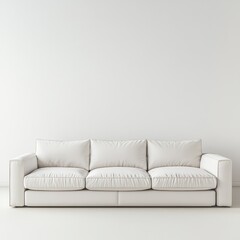 Obraz premium Eye-Level Front View Minimalist White Sofa Against Clean Wall, Interior Design Concept, Modern Furniture, Home Decor, Blank Space, Elegant Couch, Room, Simplicity.