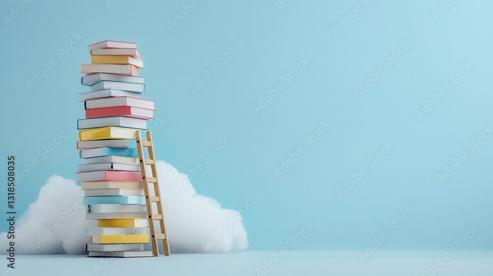 Poster towering stack of colorful books reaching towards the clouds representing the pursuit of knowledge e