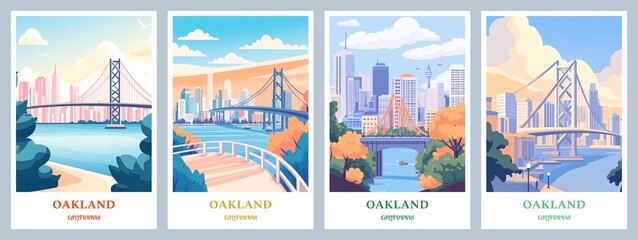 Set of 4 Oakland, California Flat illustration posters 2:3, travel print, wall digital art, citycapes, Home decor gift