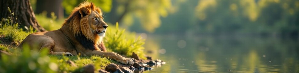 Obraz premium Lion resting by the riverbank, lion, wildlife, wild animals