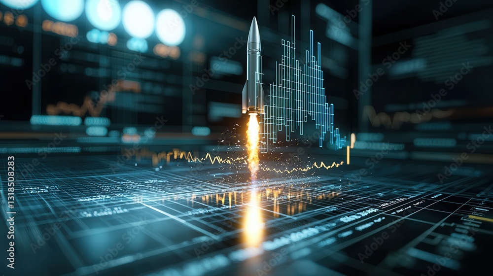 Poster rocket launch metaphor for business and financial growth concept futuristic data visualization with 