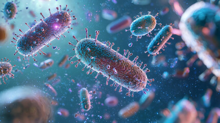 Microscopic view of bacteria and particles in a glowing liquid environment