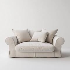 Eye-Level Shot Beige Sofa with Pillows, Minimalist Style. Neutral color palette, furniture, interior design, home decor, comfy, cushions, relaxing.