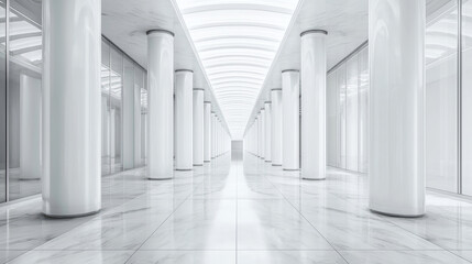 Minimalist modern corridor with pure white marble, smooth columns, and glass accents