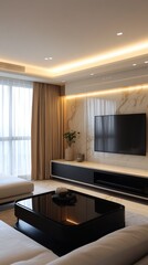 Eye-Level Shot Elegant Living Room Interior with Marble Wall, TV, Sofa, and Stylish Black Table. Home Decor, Interior Design, Modern Apartment, Contemporary, Luxury Living, Lighting.